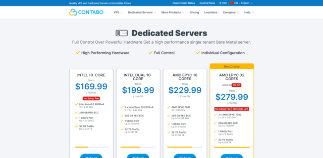 Contabo：高性价比服务器，可选德国、美国和新加坡，1Gbps-10Gbps 端口，可加装 GPU，9.99/月起