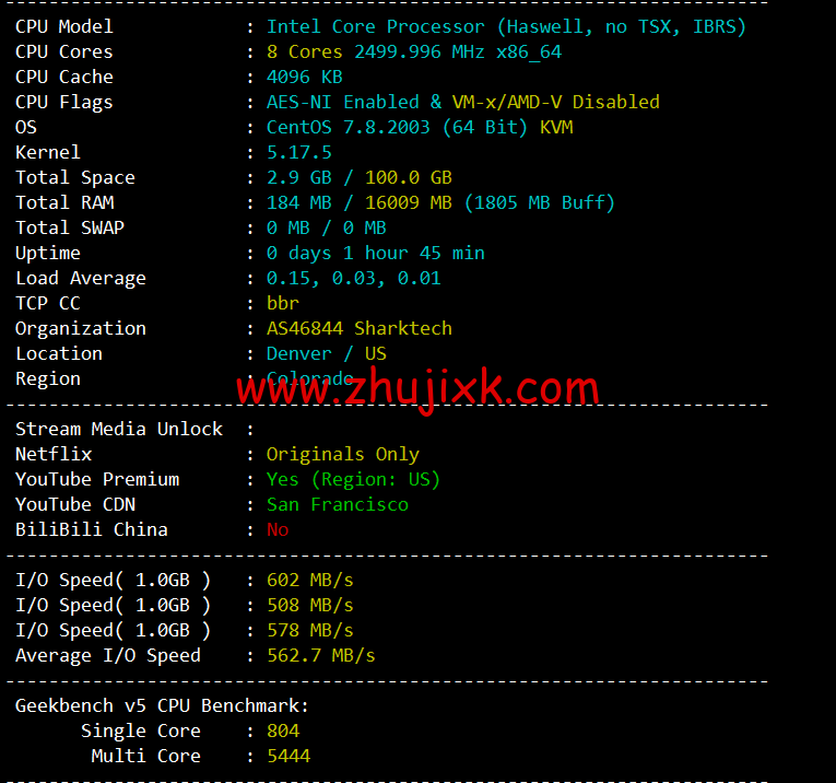 #2022 年 5 月#sharktech(鲨鱼机房)：公有云美国丹佛机房简单测评，16 核/32G 内存/1200G SSD/5T 流量/10G 端口，.82/月起