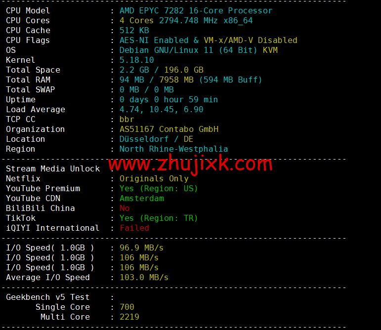 Contabo：德国杜塞尔多夫机房，原生 ip，4 核/8G/200G SSD 或 50 GB NVMe/200Mbps 带宽起，月付€6.99，解锁 tiktok 等流媒体，简单测评