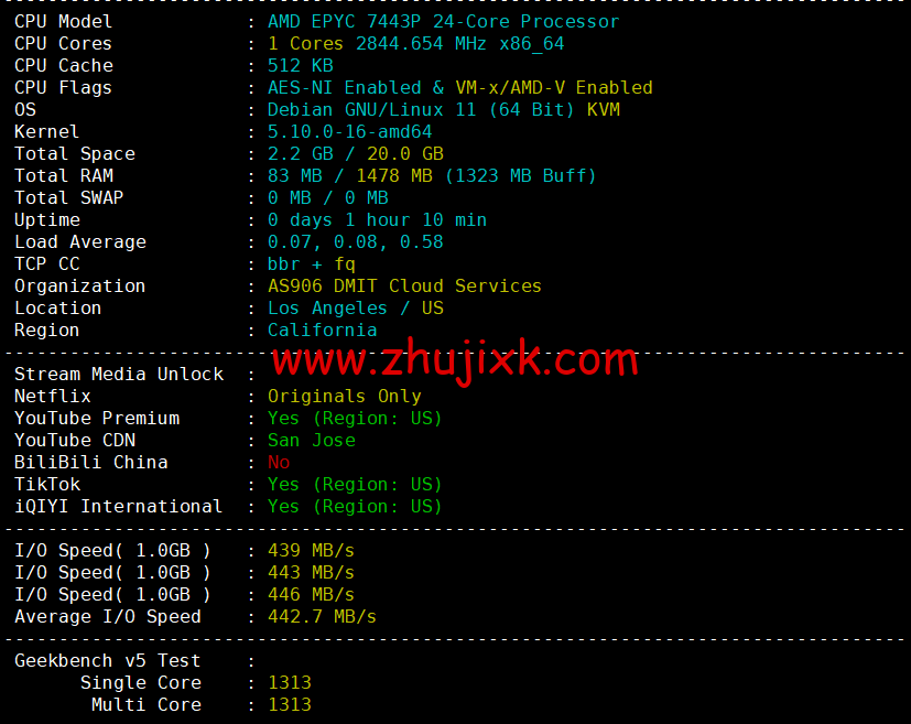 DMIT：圣何塞 VPS，as4837 线路，.9/月起，解锁美区 tiktok，简单测评，告诉你机器配置，线路怎么样