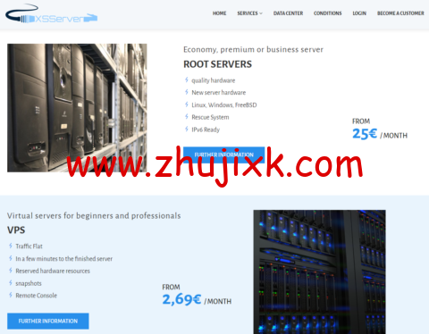 XSServer：荷兰 vps，1 核/2GB 内存/20GB SSD 硬盘/不限流量/100Mbps 带宽，€2.69/月起