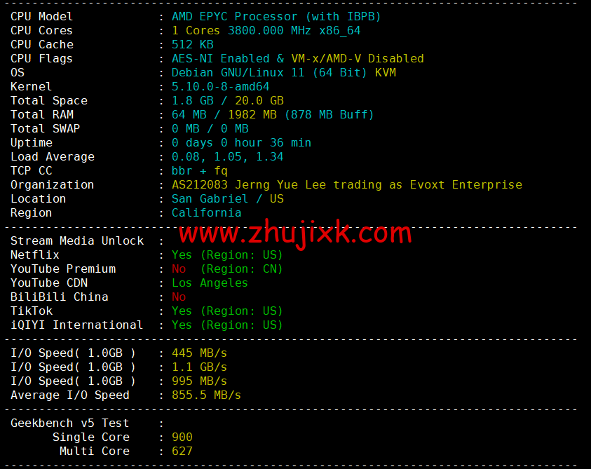 Evoxt：美国 VPS 云服务器，1 核/512MB 内存/5G 硬盘/500G 流量，.99 /月起，原生 ip，解锁 tiktok，Netflix，Disney+，简单测评