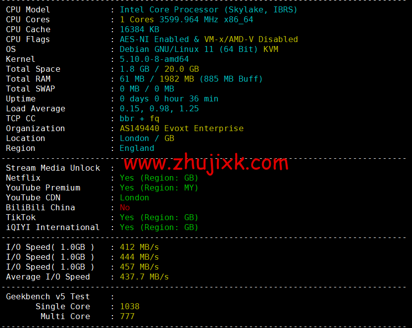Evoxt：英国 VPS 云服务器，1 核/512MB 内存/5G 硬盘/500G 流量，.99 /月起，原生 ip，解锁 tiktok，Netflix，Disney+，简单测评
