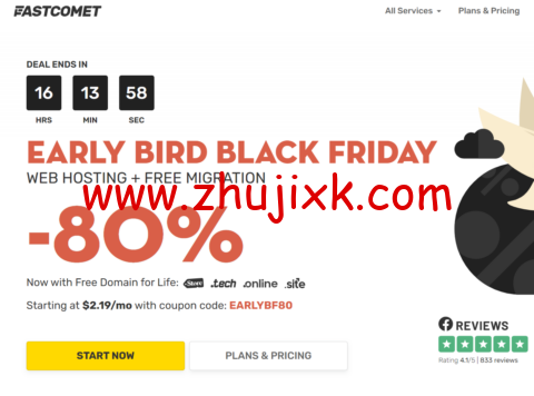 FastComet：2023 黑五早鸟活动开启， 美国虚拟主机 2 折促销，月付.19 起