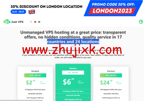 JustVPS:新上伦敦 VPS,七折优惠,1 核/1GB/20GB/300M 不限流量,https://www.zhujixk.com/wp-content/uploads/2023/12/ed2ba4bf2b1aeb6-480x337.png.2/月起 JustVPS:新上伦敦 VPS,七折优惠,1 核/1GB/20GB/300M 不限流量,.2/月起