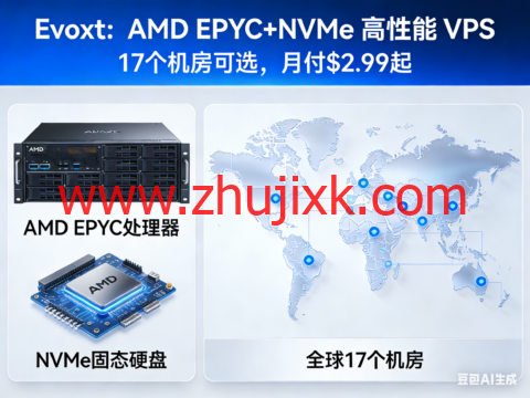 Evoxt:AMD EPYC+NVMe 高性能 VPS,17 个机房可选,月付 https://www.zhujixk.com/wp-content/uploads/2026/03/02/20260302_69a46f0edb89a.png.99 起 Evoxt:AMD EPYC+NVMe 高性能 VPS,17 个机房可选,月付 .99 起