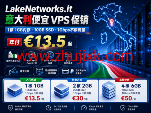 LakeNetworks.it 意大利便宜 VPS 促销：1核1GB内存、10GB SSD、1Gbps不限流量，年付 €13.5 起