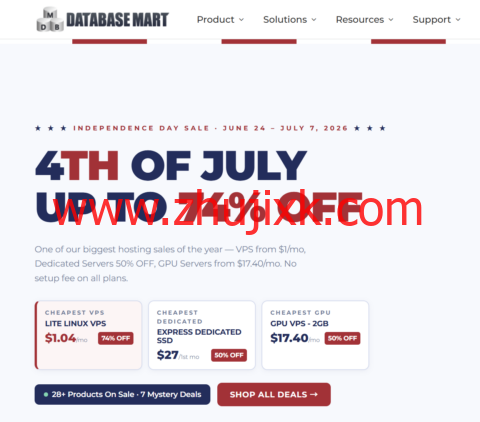 Database Mart 独立日大促:VPS 最低 $1.04/月,独立服务器 $27/月起,GPU 服务器 $17.40/月起