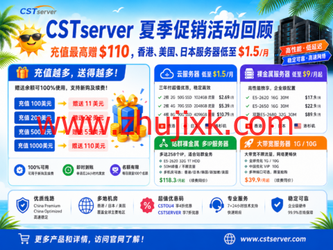 CSTserver 夏季促销活动回顾:充值最高赠 $110,香港、美国、日本服务器低至 $1.5/月