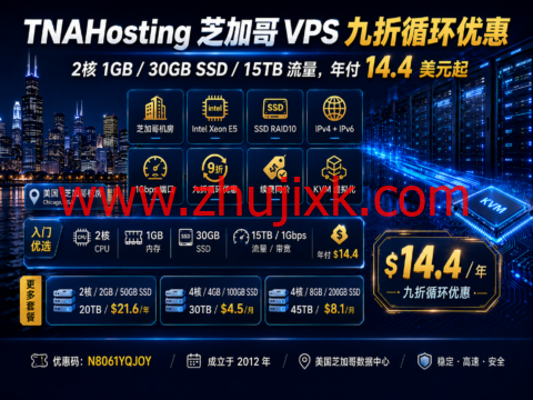 TNAHosting 芝加哥 VPS 九折循环优惠:2核 1GB/30GB SSD/15TB 流量,年付 14.4 美元起