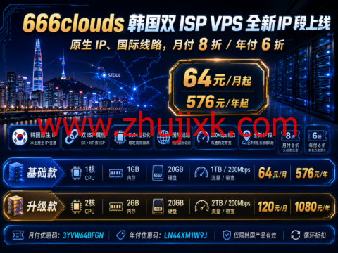 666clouds 韩国双 ISP VPS 全新 IP 段上线:原生 IP、国际线路,月付 8 折/年付 6 折