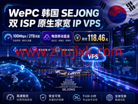 WePC 韩国 SEJONG 双 ISP 原生家宽 IP VPS:100Mbps/2TB 流量,电信移动直连,月付 118.46 元