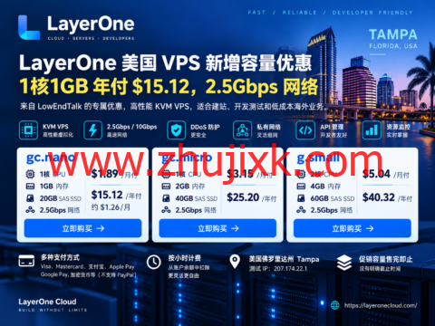 LayerOne LET VPS优惠:1核1GB/20GB SSD,2.5Gbps,年付$15.12起