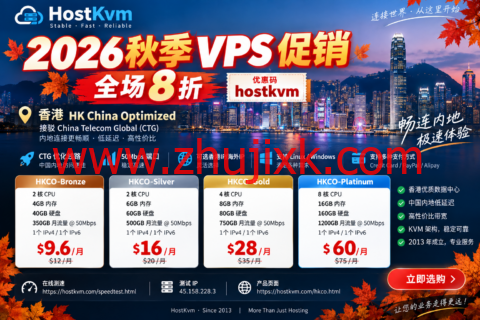HostKvm 2026秋季VPS八折促销:香港CTG优化线路2核4GB $9.6/月起