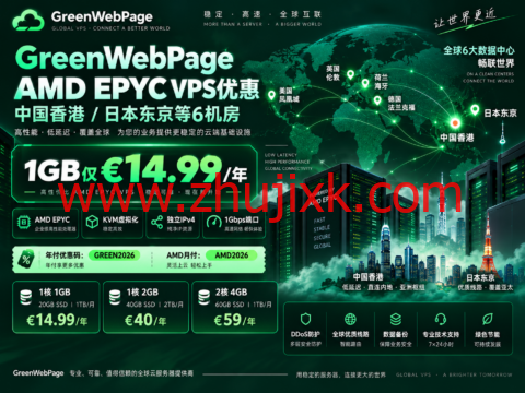 GreenWebPage AMD EPYC VPS优惠:中国香港/日本东京等6机房,1GB仅€14.99/年
