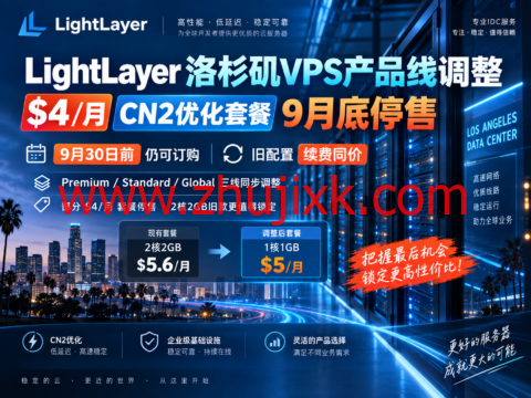 LightLayer 洛杉矶VPS产品线调整:$4/月CN2优化套餐9月底停售,旧配置续费同价