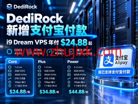 DediRock 新增支付宝付款：i9 Dream VPS 年付 $24.88 起，DDR5 + NVMe