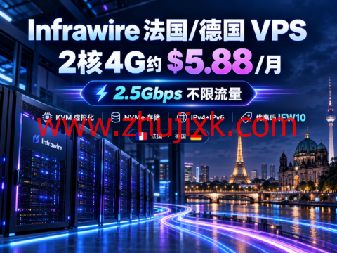Infrawire 法国/德国 VPS：2核4G约 $5.88/月，2.5Gbps不限流量